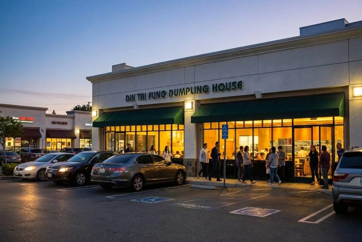 Din Tai Fung storefront and parking lot in Arcadia at dusk