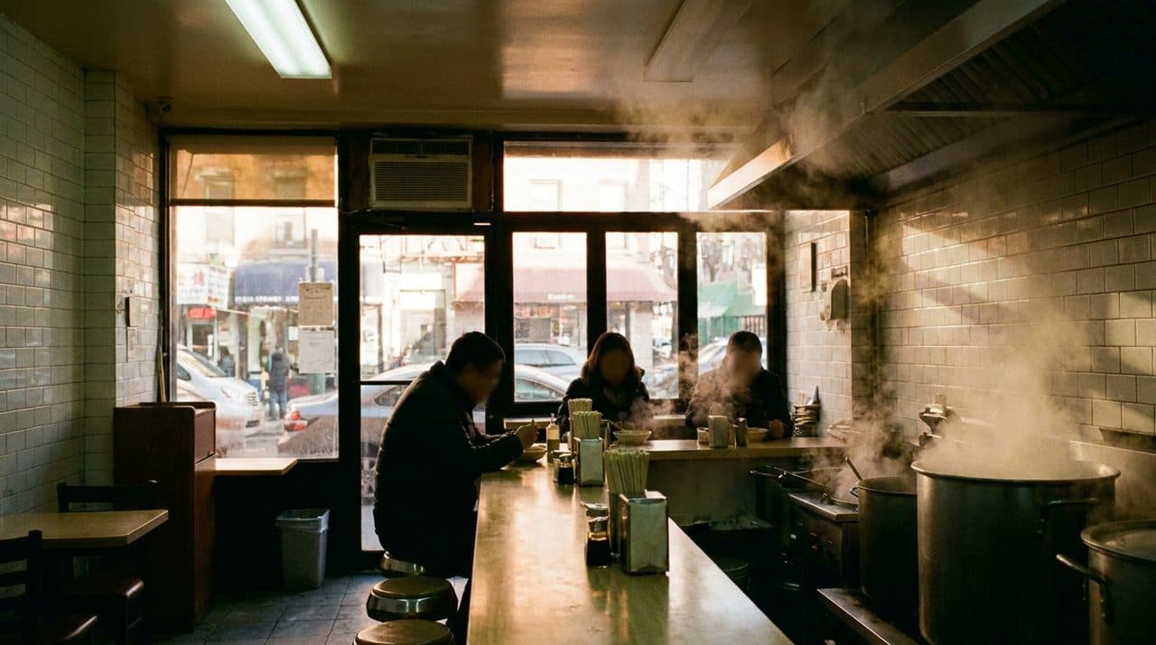 The Solo Counter Seat at a Chinatown Noodle Shop When the Steam Clears at Two - scene