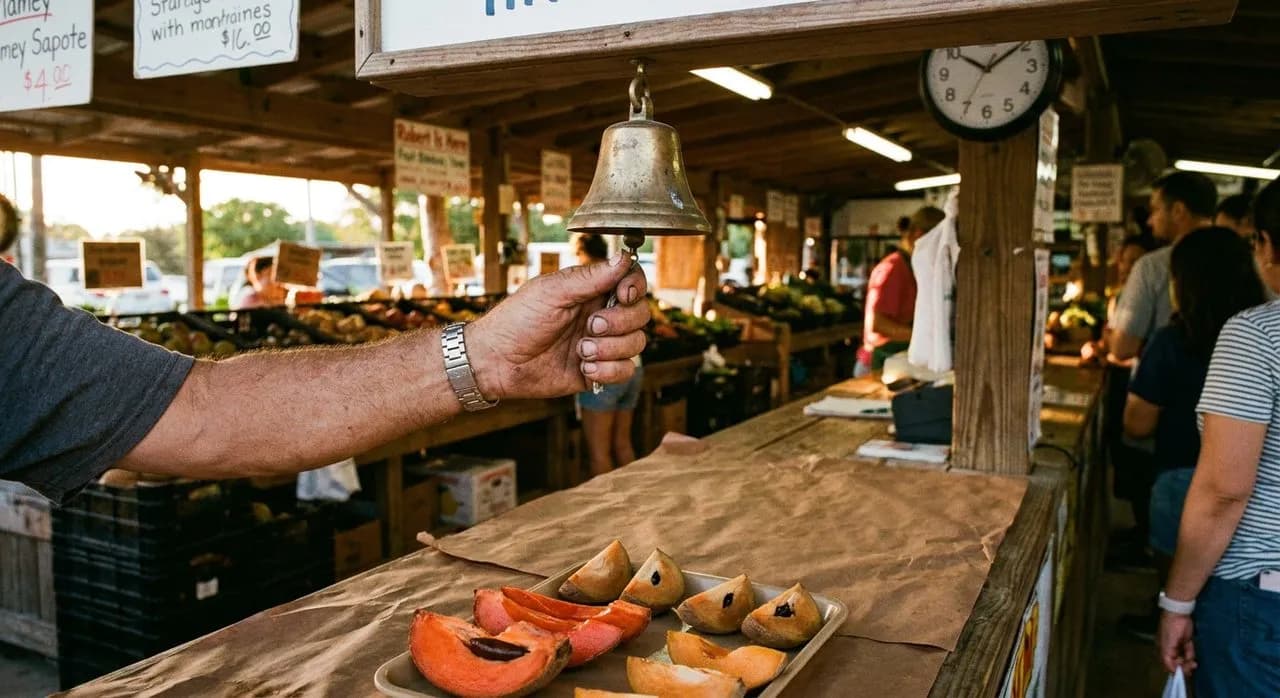 The Tuesday 10am produce bell at Robert Is Here fruit stand in Homestead
