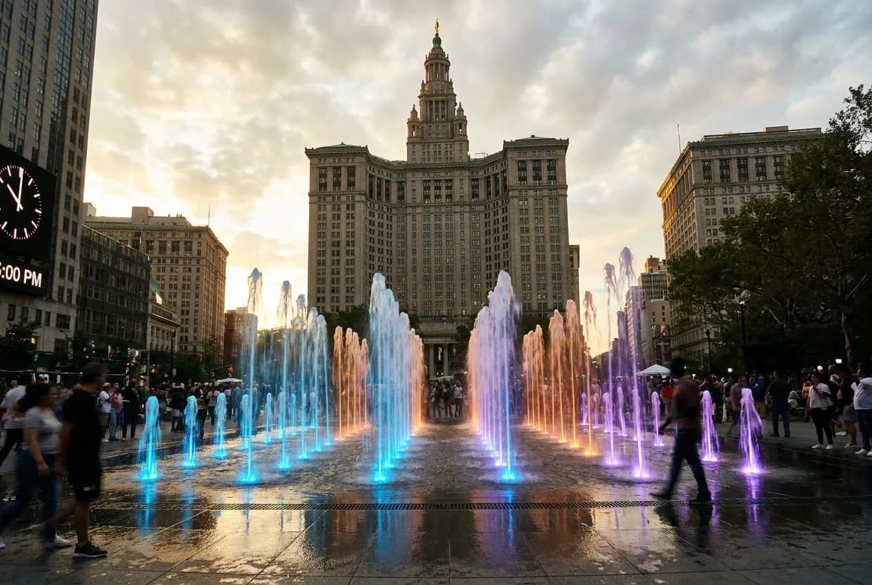 The Wednesday 5pm City Hall Park fountain light show