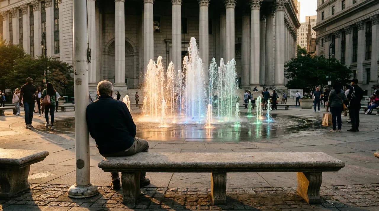 The Wednesday 5pm City Hall Park fountain light show