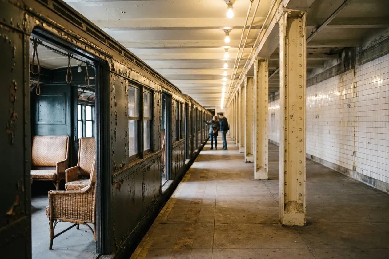 A disused Brooklyn subway platform lined with vintage train cars, open doors showing rattan seats, cream columns and warm ceiling lamps in a row
