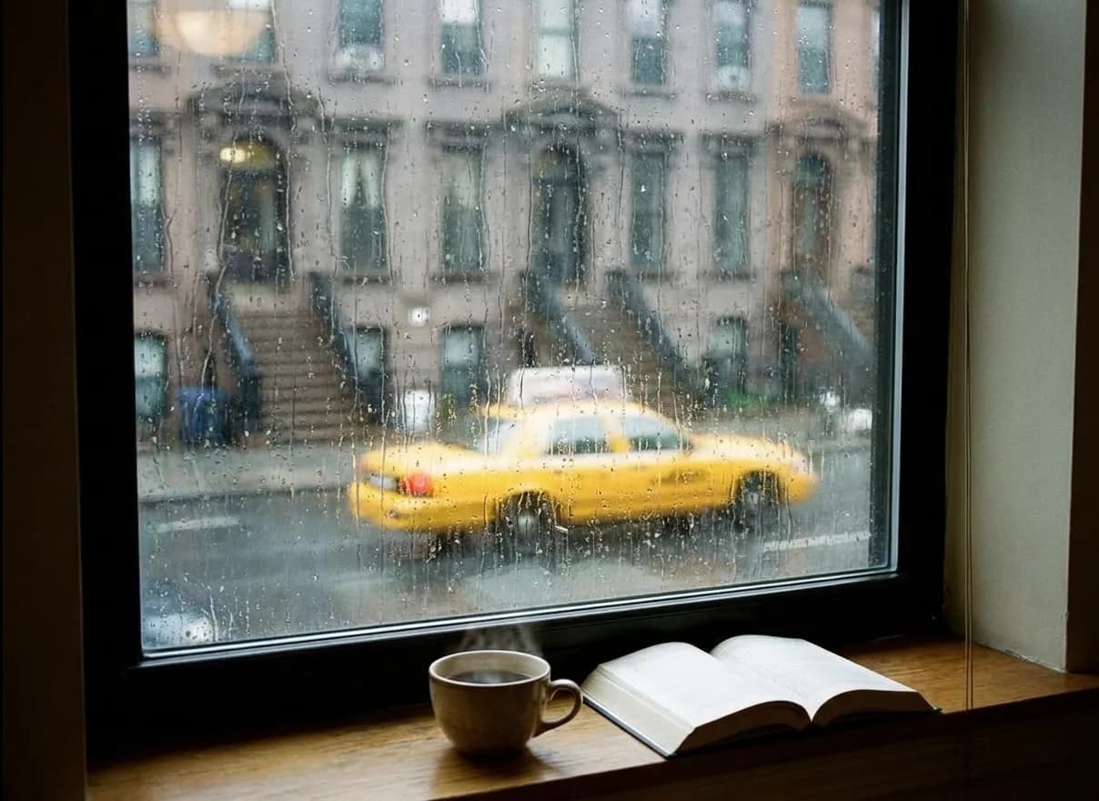 A rain-streaked New York window seen from a warm room, a blurred yellow cab and grey brownstone beyond, a coffee cup and open book on the sill