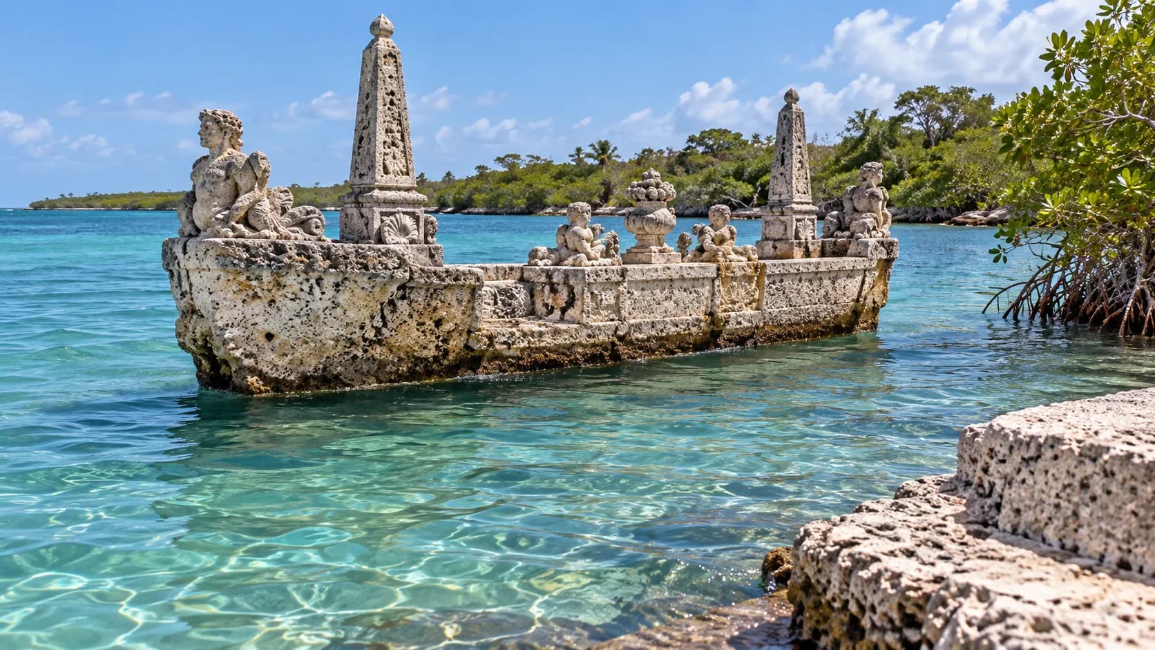 A carved stone barge sitting in shallow bay water just off a seawall, with mangroves behind