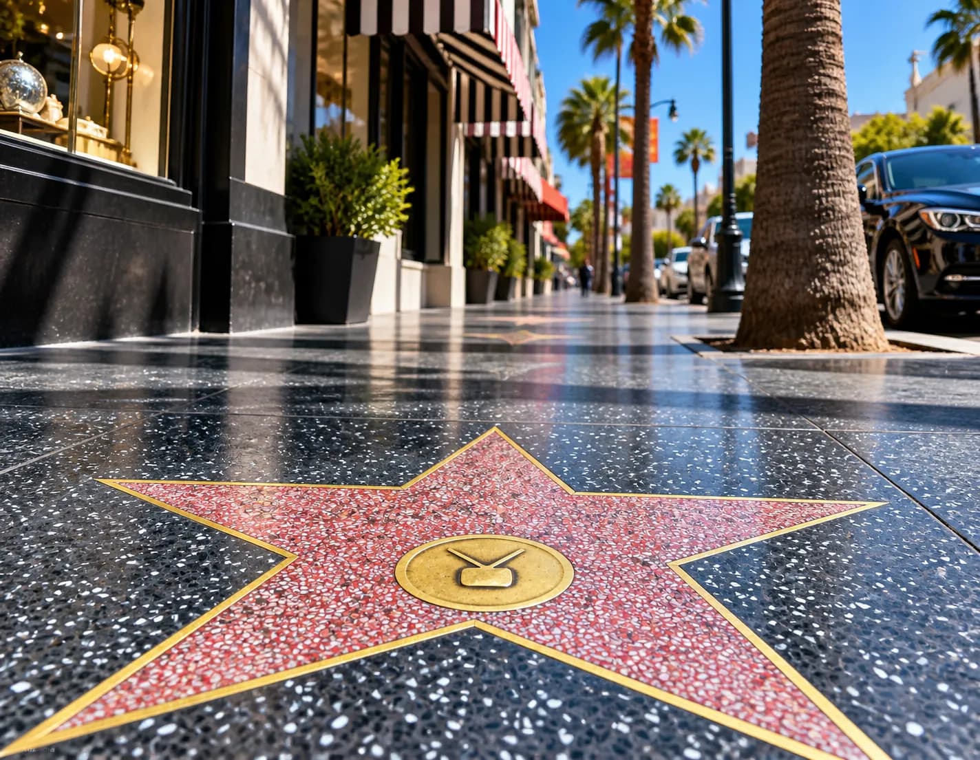A pavement star set into terrazzo on a commercial street, with shopfronts and awnings behind