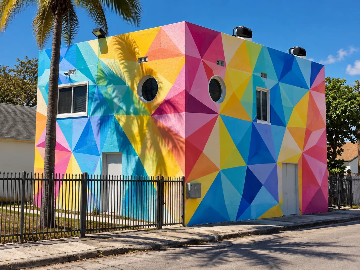 A large brightly painted mural covering a warehouse wall, with a strip of pavement and a palm in front