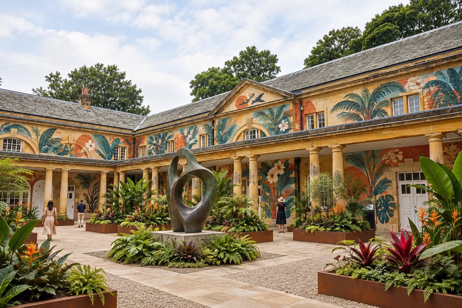 A landscaped courtyard with painted walls on all sides, planting beds and a sculpture in the centre
