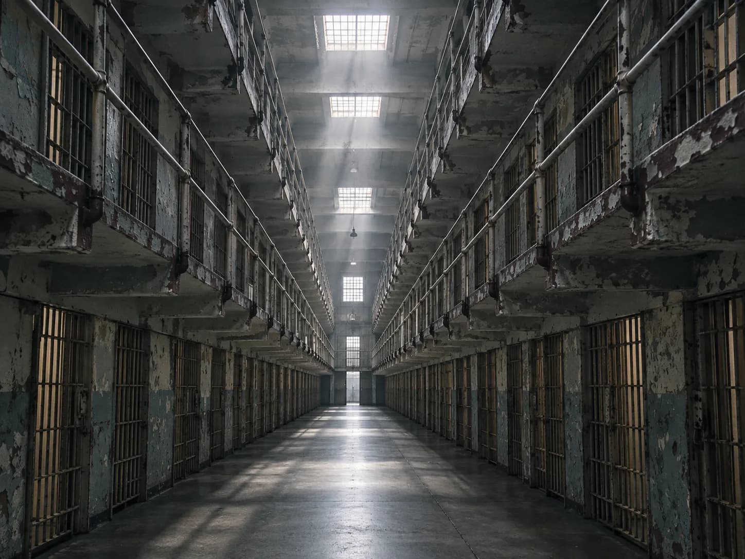 A long corridor of empty barred cells receding into shadow