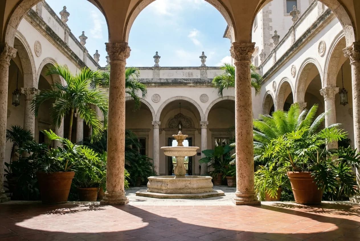 Sunlit courtyard with fountain and arched loggias at a historic Italian Renaissance Revival estate in Miami.