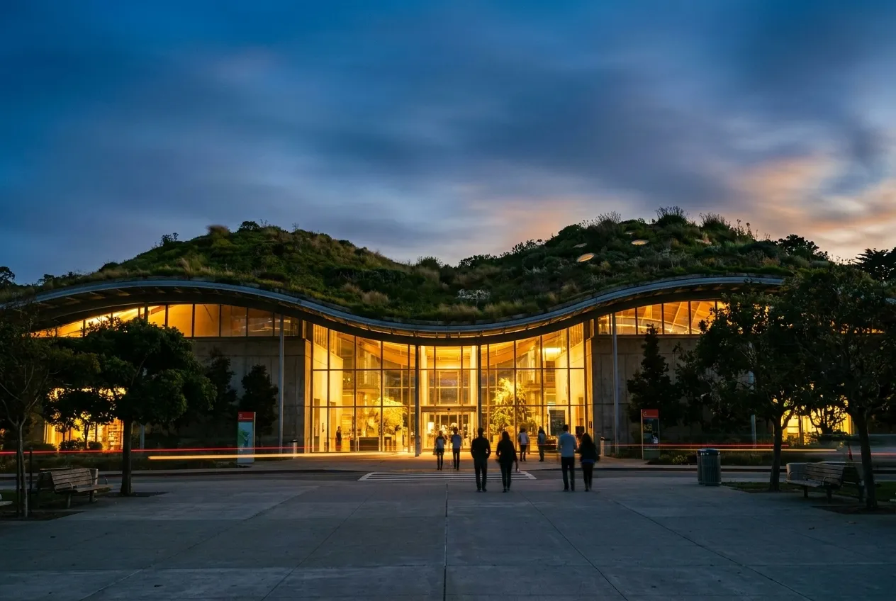 California Academy of Sciences building with its distinctive living roof at twilight in Golden Gate Park