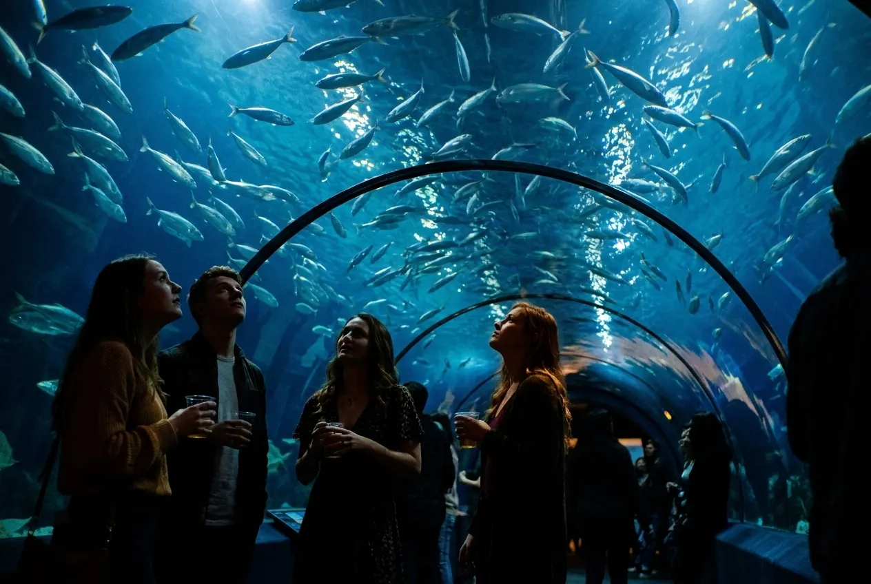 Visitors looking up through an aquarium tunnel at night with fish swimming overhead in blue-lit water