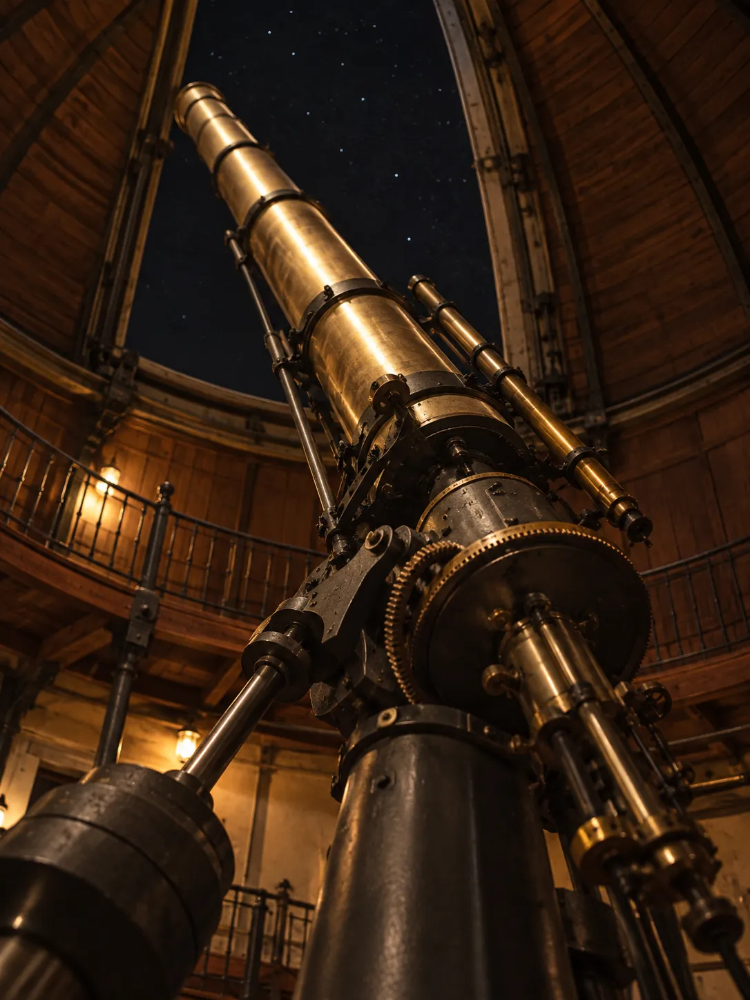 A large brass refracting telescope angled up inside a domed chamber