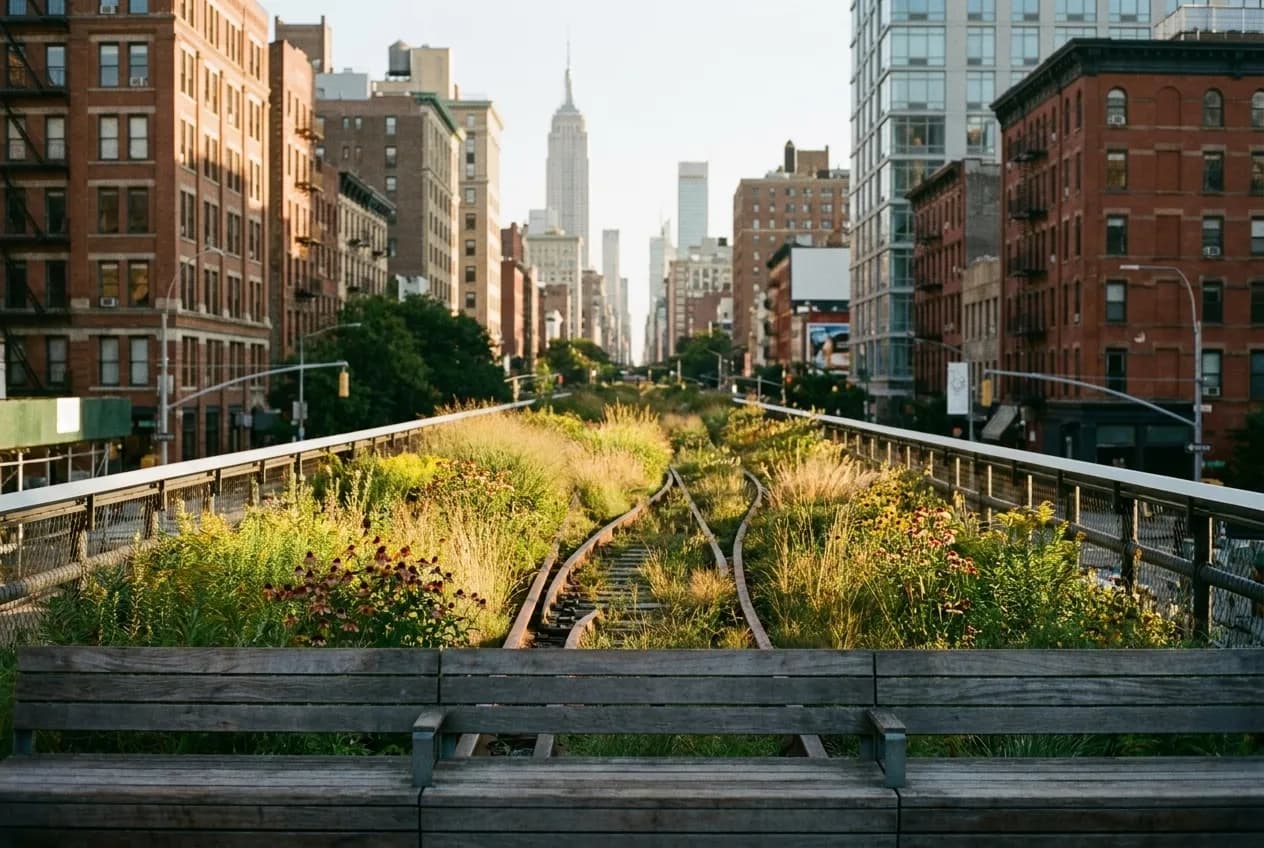 Elevated view of the High Line park showing curved railway tracks emerging from wild plantings with wooden seating and Manhattan skyline in the distance.