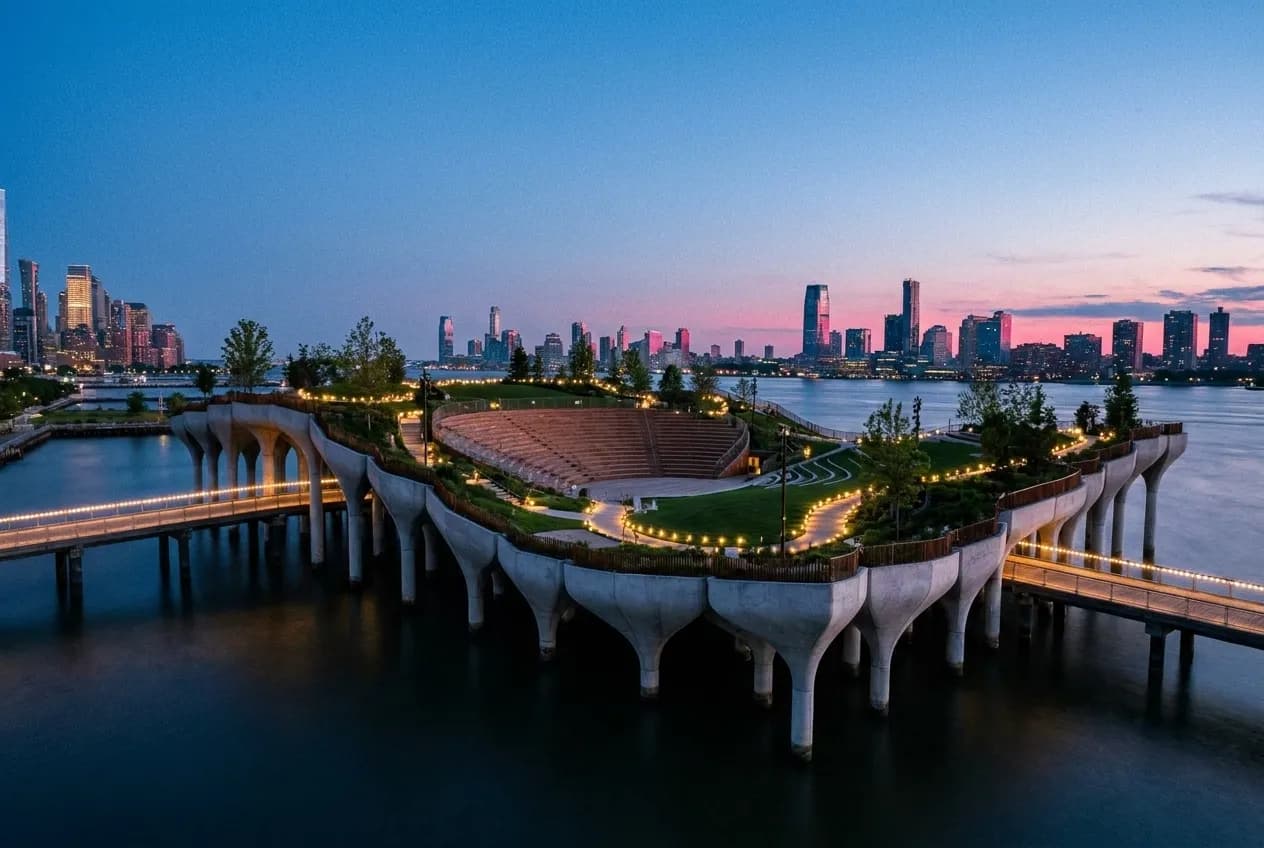 Wide view of Little Island floating park on tulip-shaped pilings in the Hudson River at dusk with glowing pathways and amphitheater.
