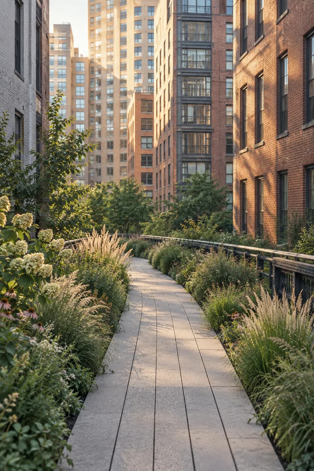 An elevated walkway lined with tall grasses running between city buildings