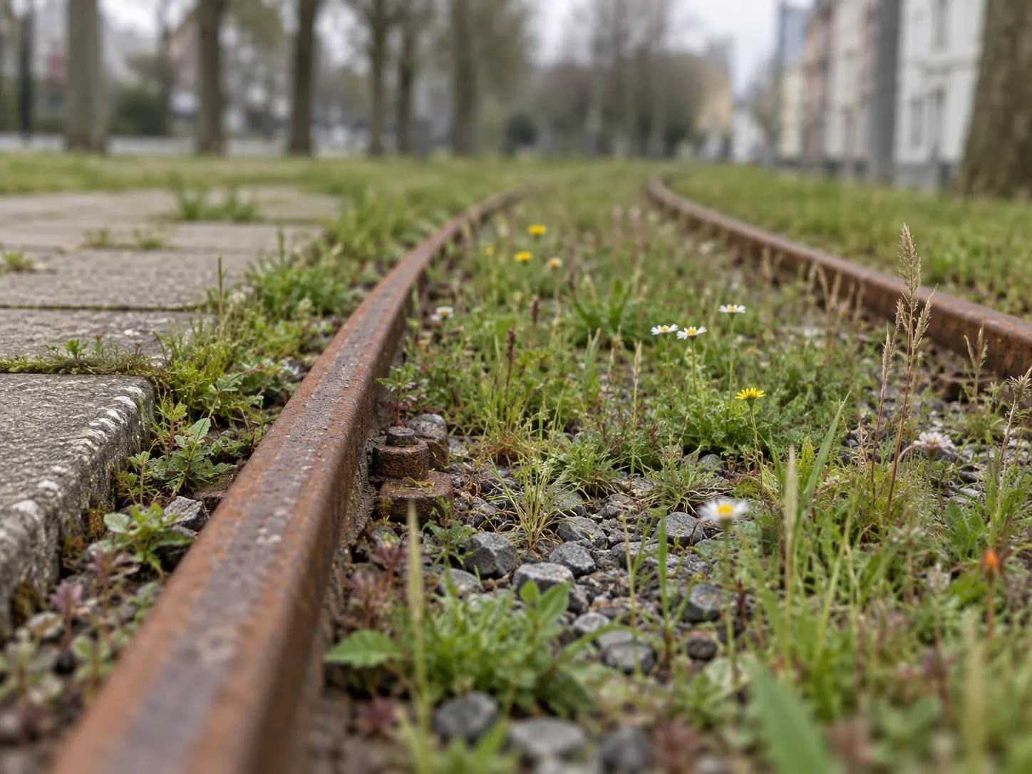 Old rail tracks embedded among wild planting on a raised walkway