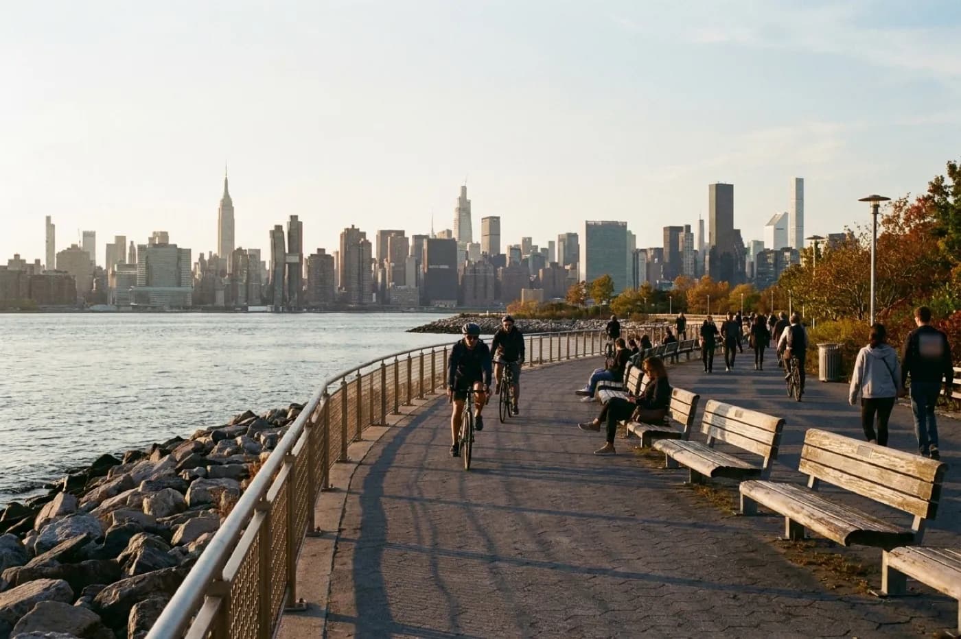 A wide waterfront park path with cyclists and walkers, the Manhattan skyline across the water in afternoon haze