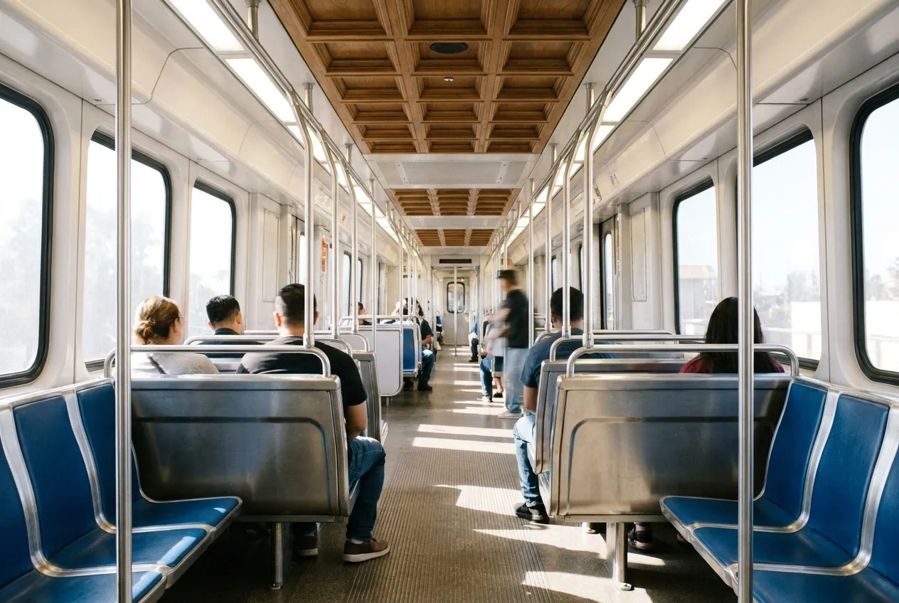 Interior of a Los Angeles Metro train with passengers on a Saturday afternoon