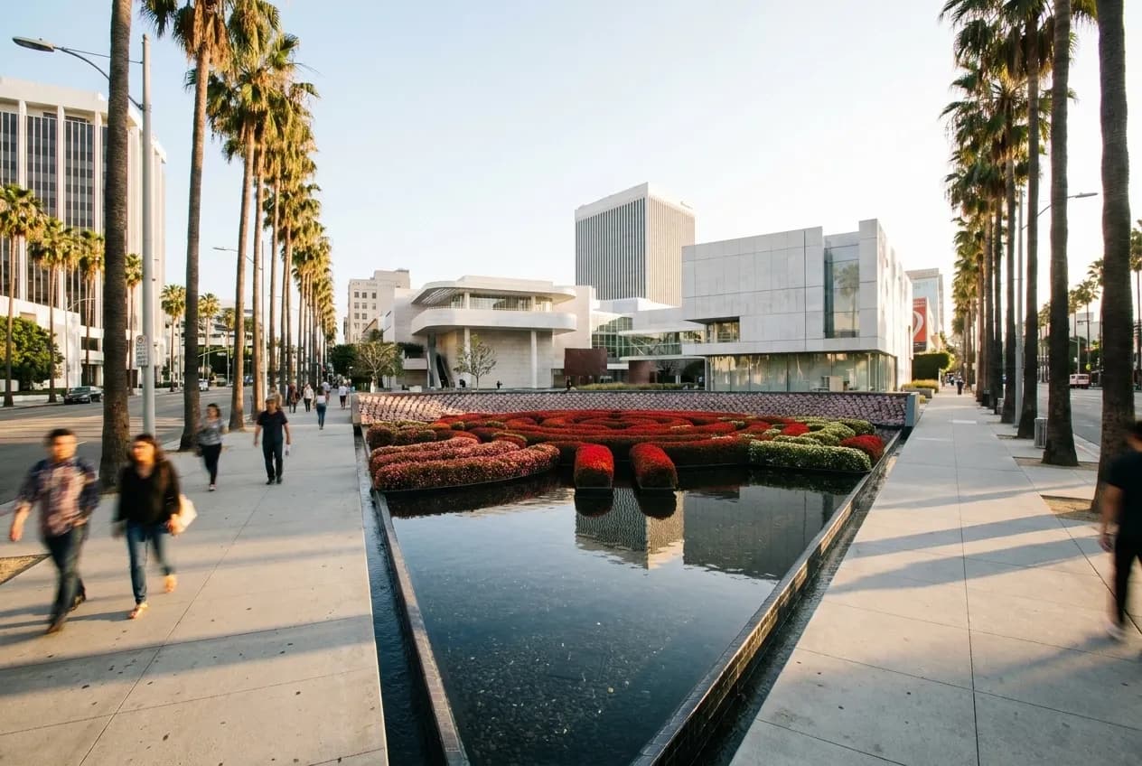 Pedestrians walking along a wide Los Angeles sidewalk toward the museum district