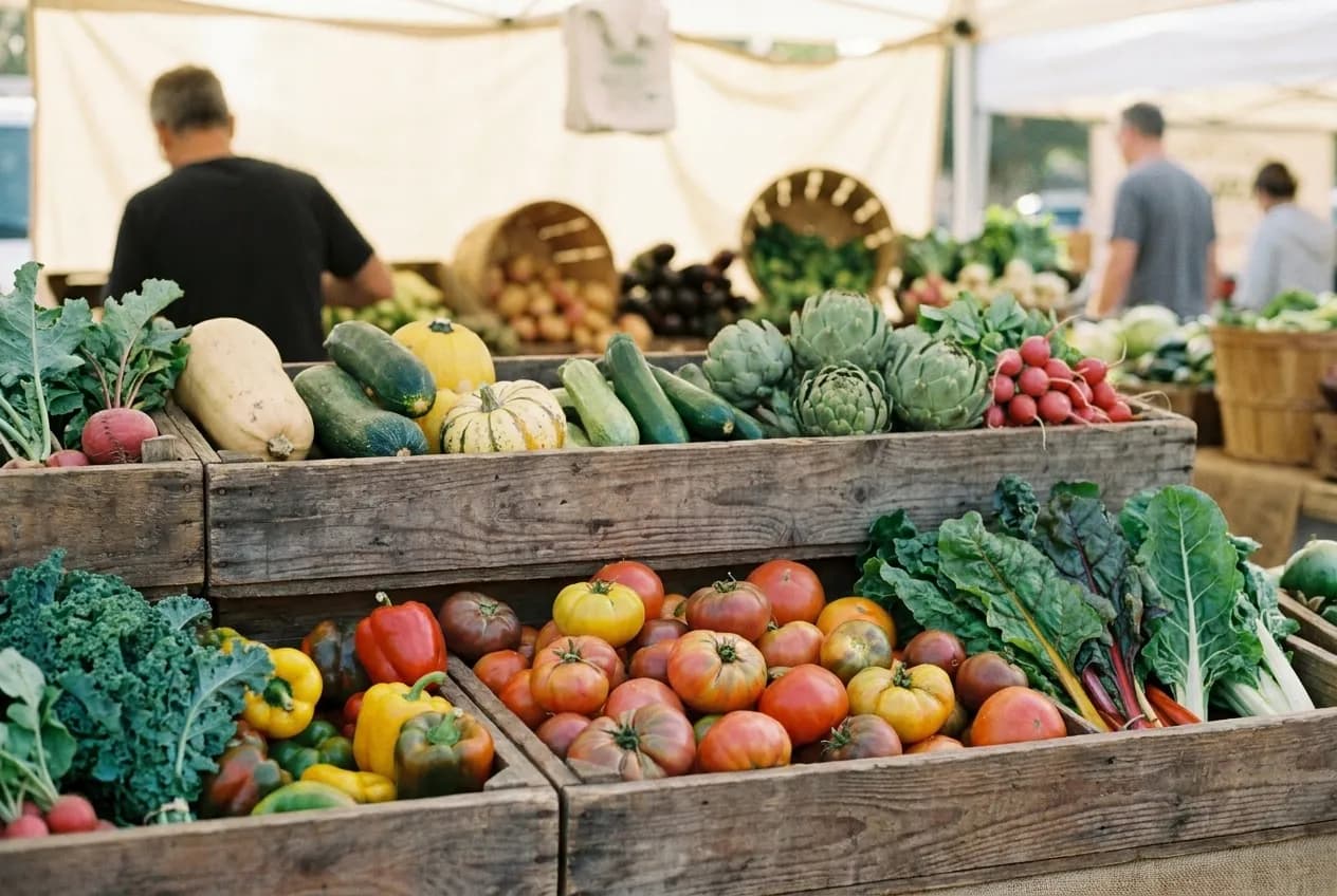 Fresh produce displayed at a Los Angeles farmers market in early morning light