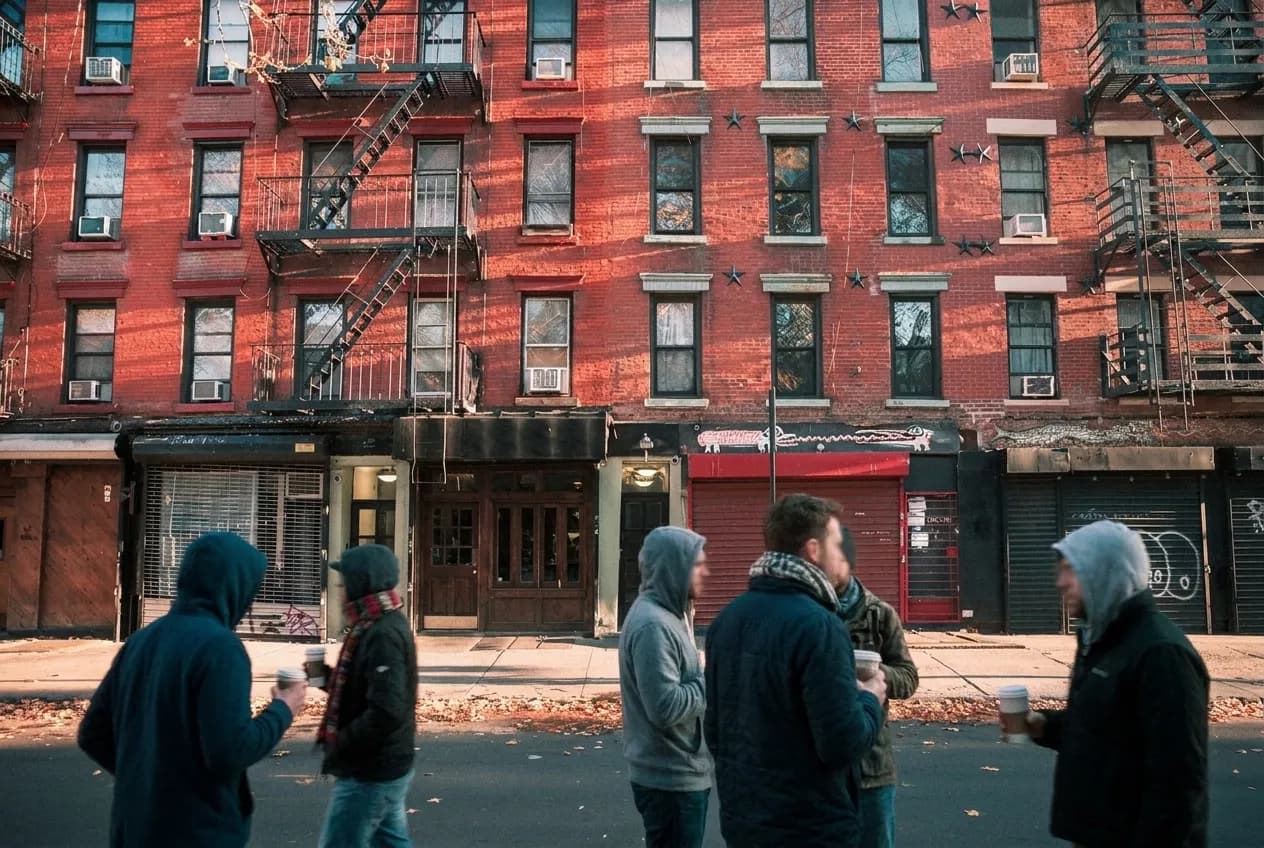 People gathering outside a New York bar entrance on a weekend morning waiting for a football match