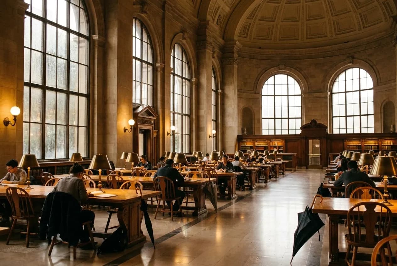 Interior of a grand library reading room on a rainy afternoon with people at study tables