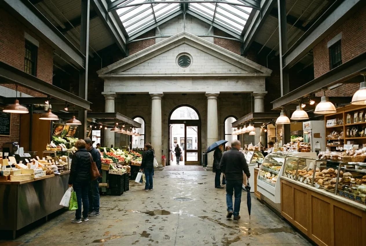 Interior of a covered food market with vendor stalls and shoppers on a rainy day