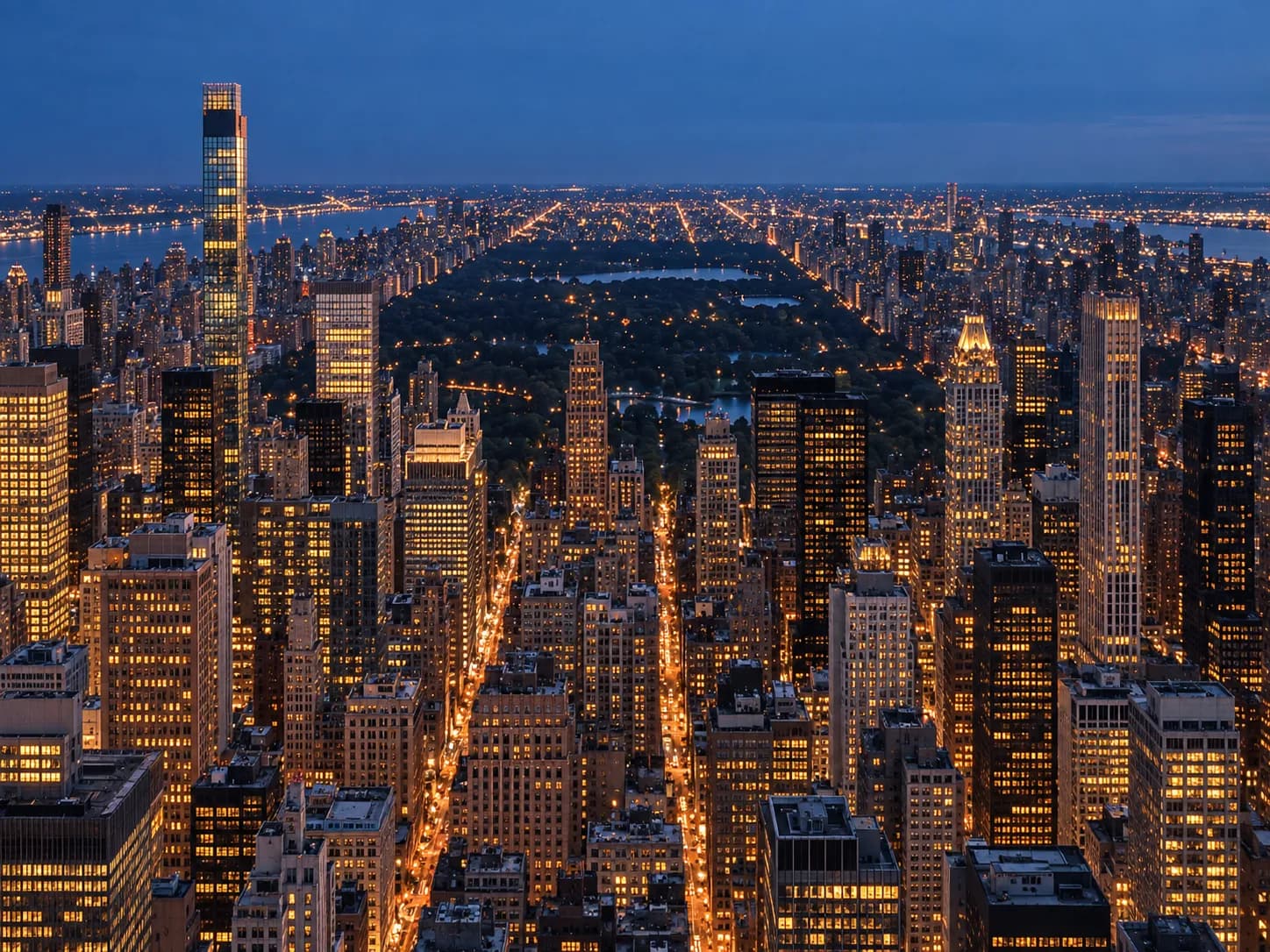 A dense skyline of towers seen from above with a park stretching beyond