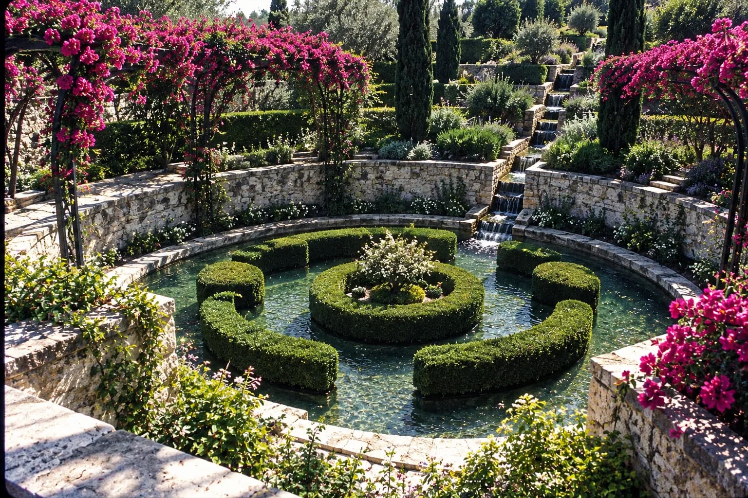 A circular garden of clipped hedges seen from above with a stream running through