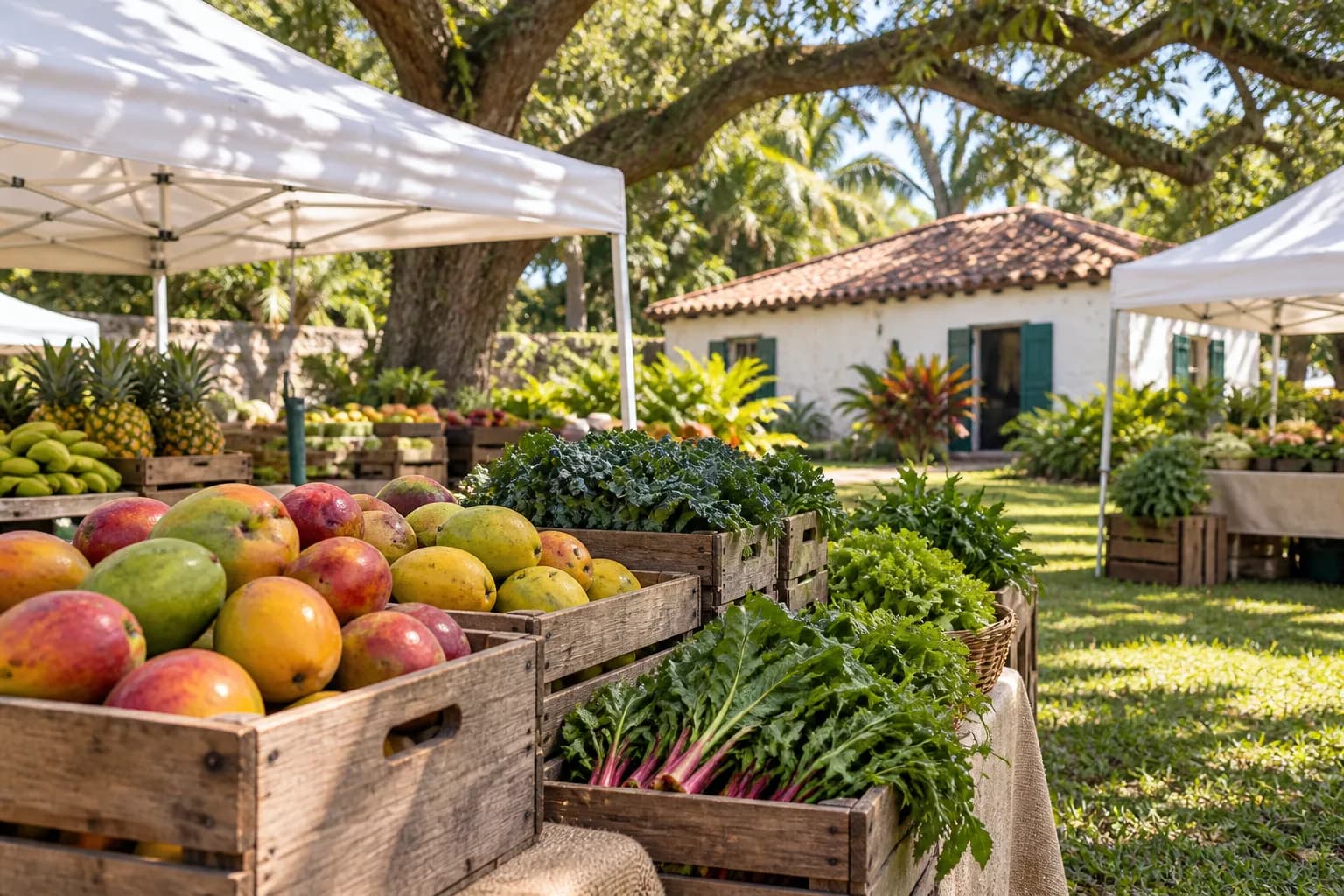 Produce stalls under white canopies on a grassy lot beside old whitewashed farm buildings