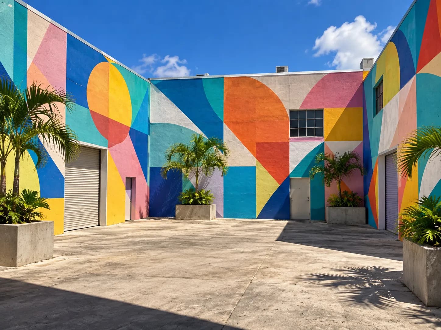 A courtyard of warehouse walls covered in large-scale abstract murals