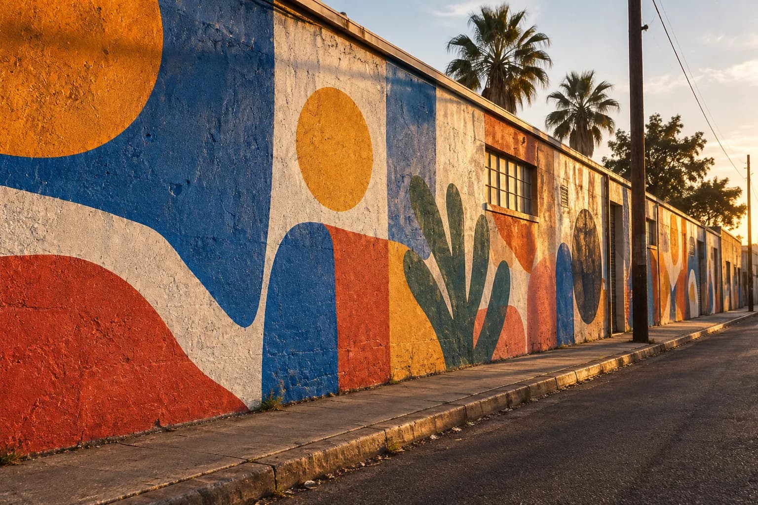 A long warehouse wall painted end to end facing an empty side street