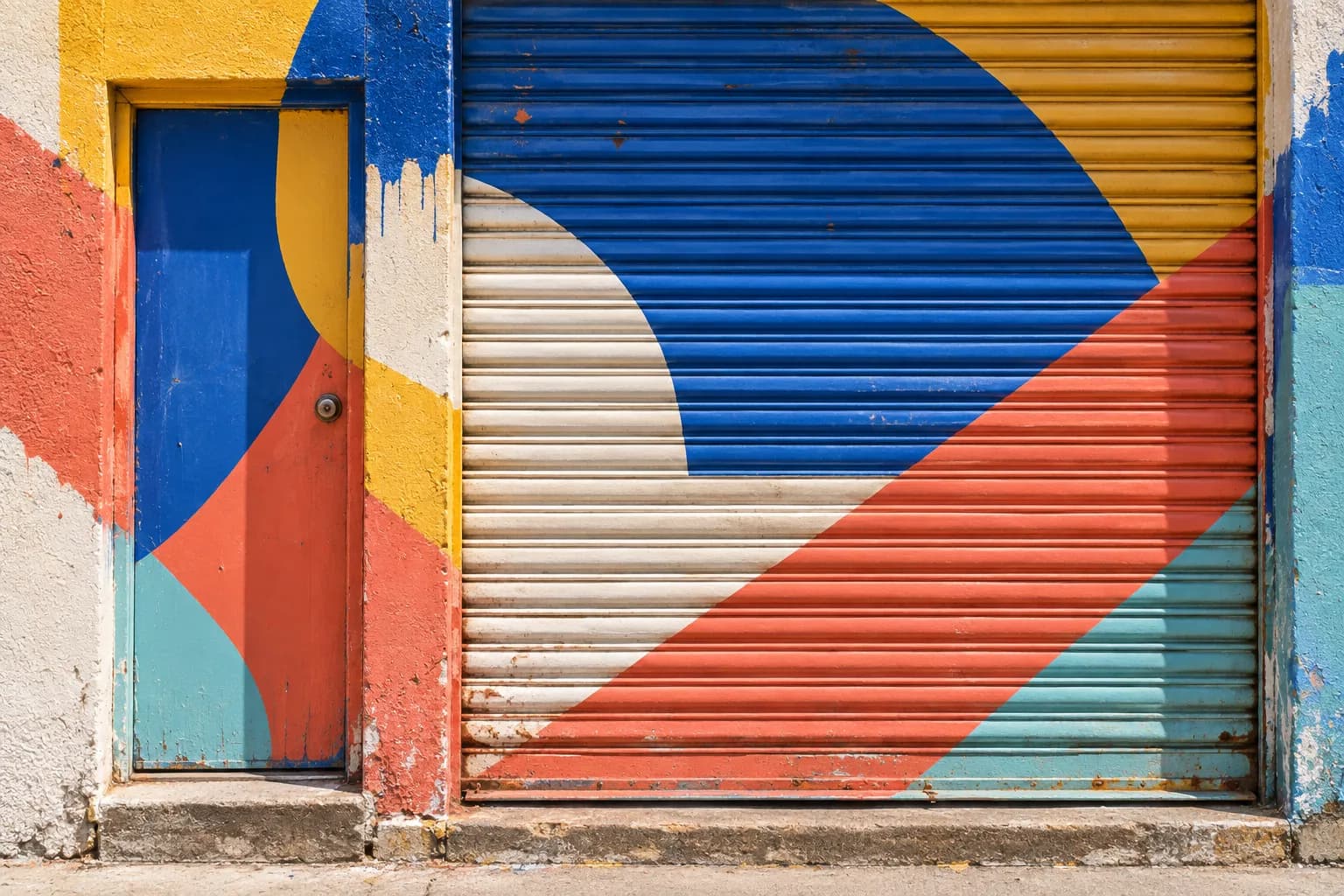 A roller shutter and doorway painted over with bold layered colour