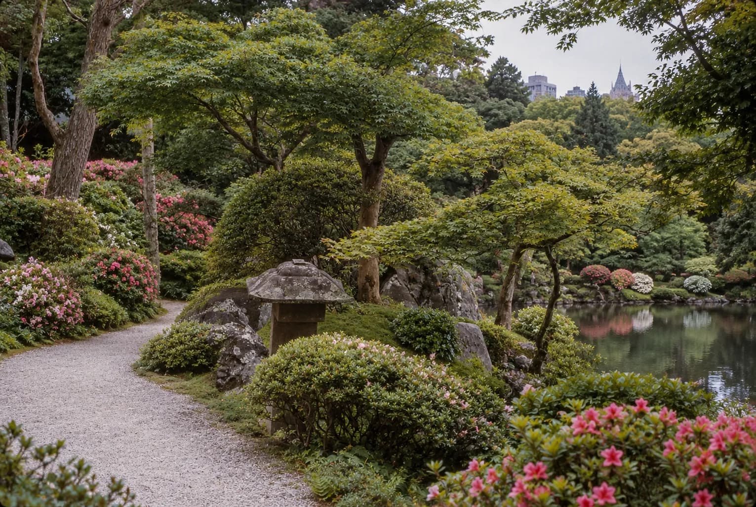 A path curving between flowering shrubs and old trees in a botanic garden, with a pond visible through the planting