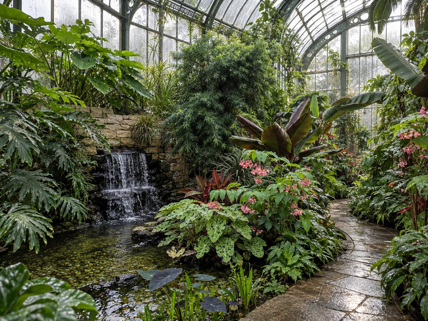 The interior of a glasshouse with tropical plants under a curved iron and glass roof, light falling through the panes