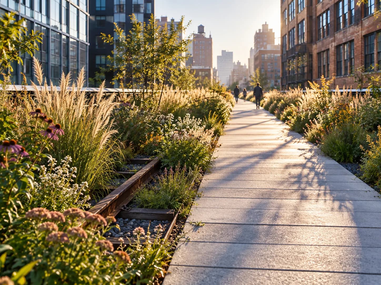 An elevated walkway of weathered planks running between tall buildings, planted with tall grasses on both sides