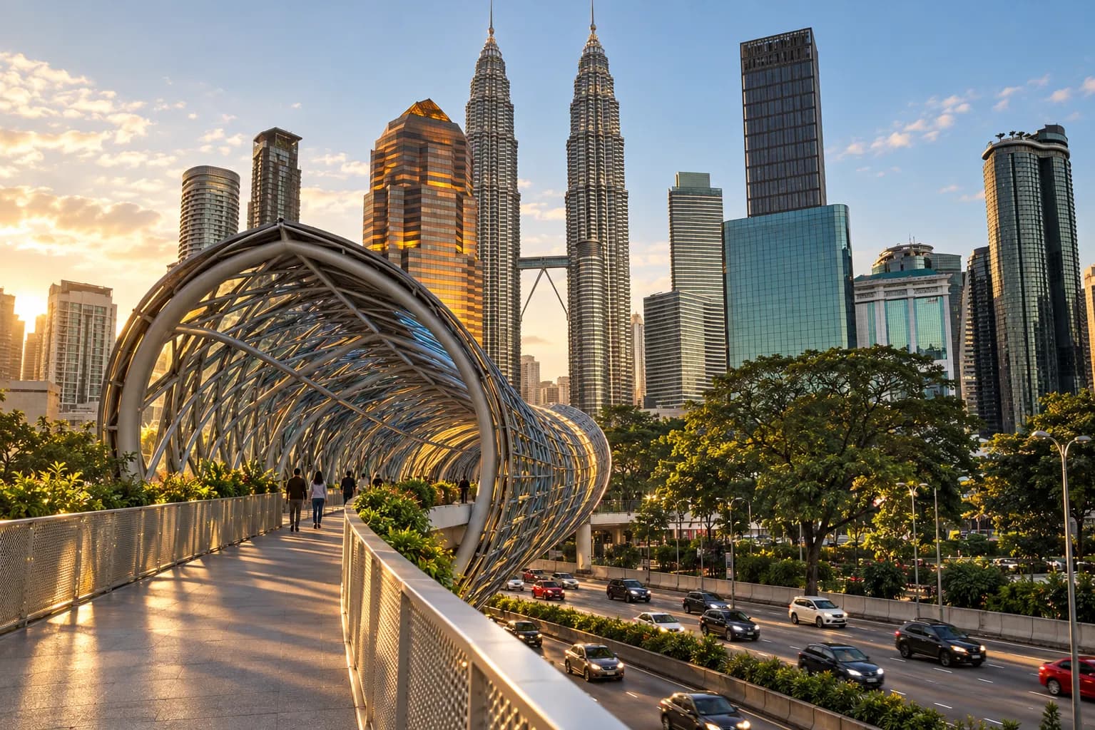 A steel pedestrian bridge curving between buildings above a street, planted along its edges
