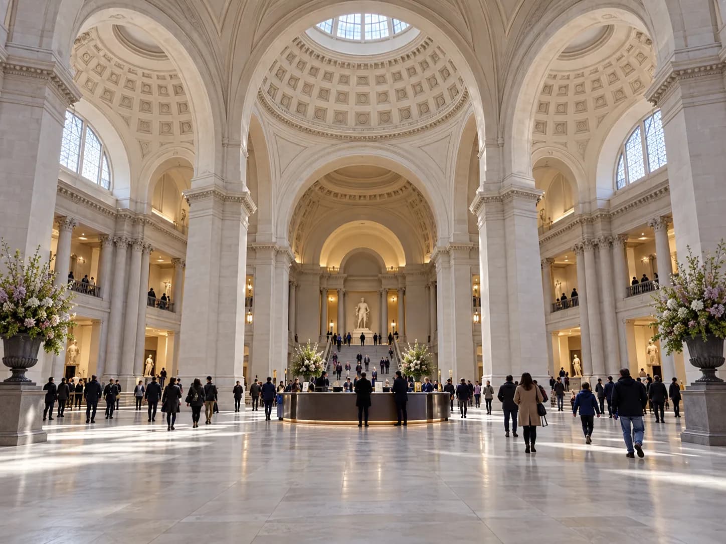 A grand museum entrance hall with high domed ceilings, stone arches and visitors crossing the floor below
