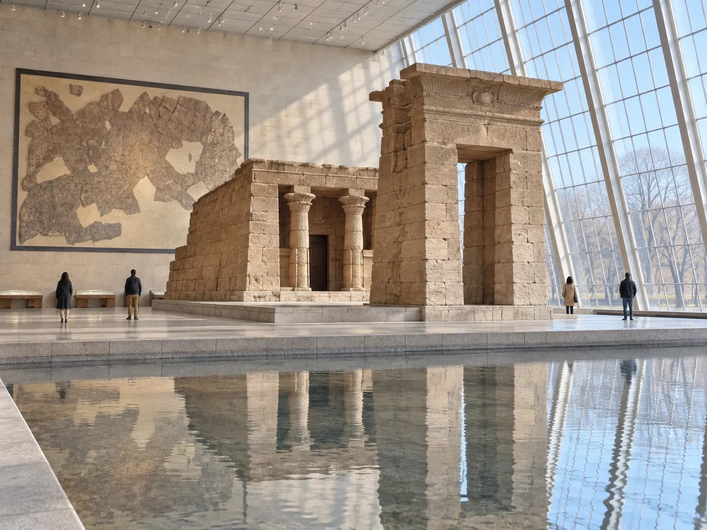 A glass-walled gallery containing an ancient stone temple beside a reflecting pool, daylight flooding in