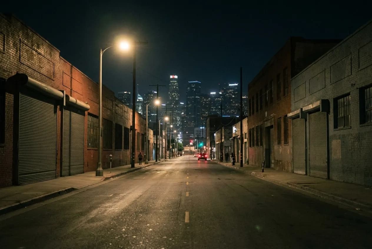 An industrial street in downtown Los Angeles with roll-up doors and painted brick walls