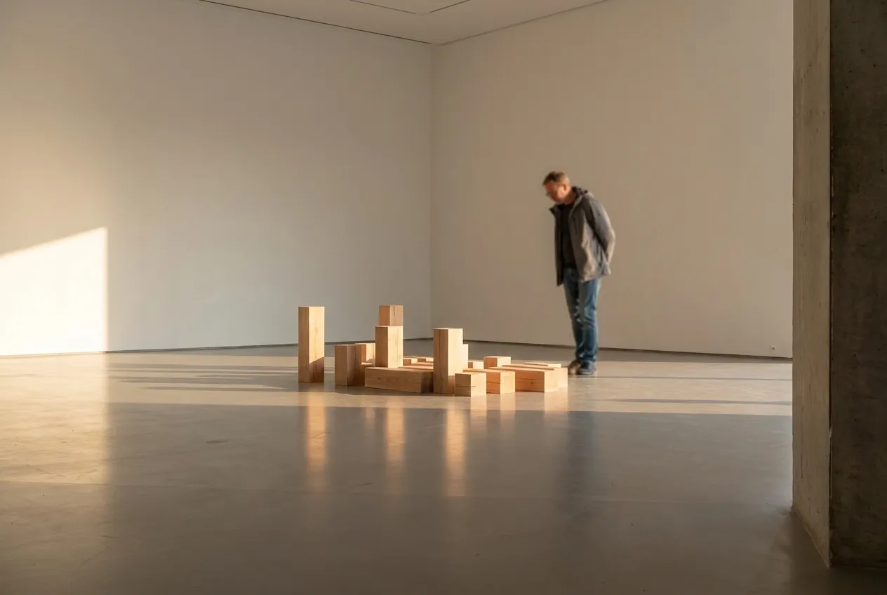 A large white gallery room with concrete floor and a single visitor