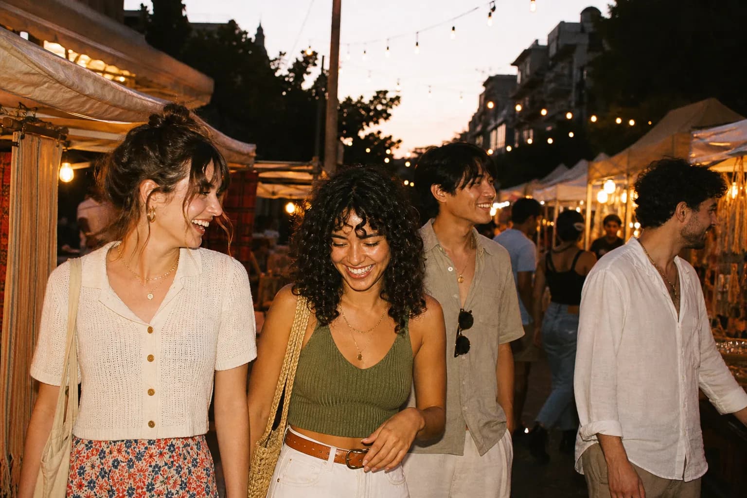A small group of friends wandering a lively open-air weekend market and city street at golden hour, string lights overhead