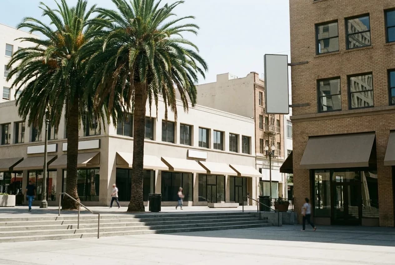 A wide public plaza with steps and palm trees under a bright sky