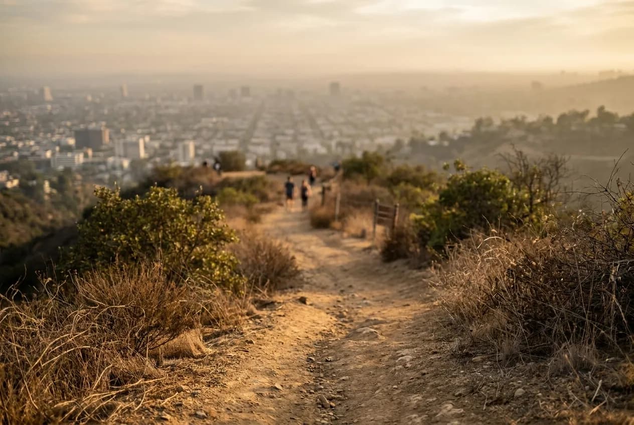 A dry hillside trail with the city visible through haze below