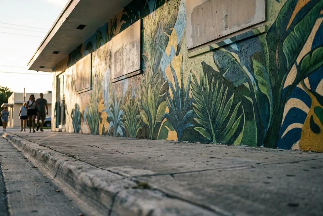 A painted mural covering the flank of a low building, saturated colour on render with a stretch of pavement and a kerb in the foreground
