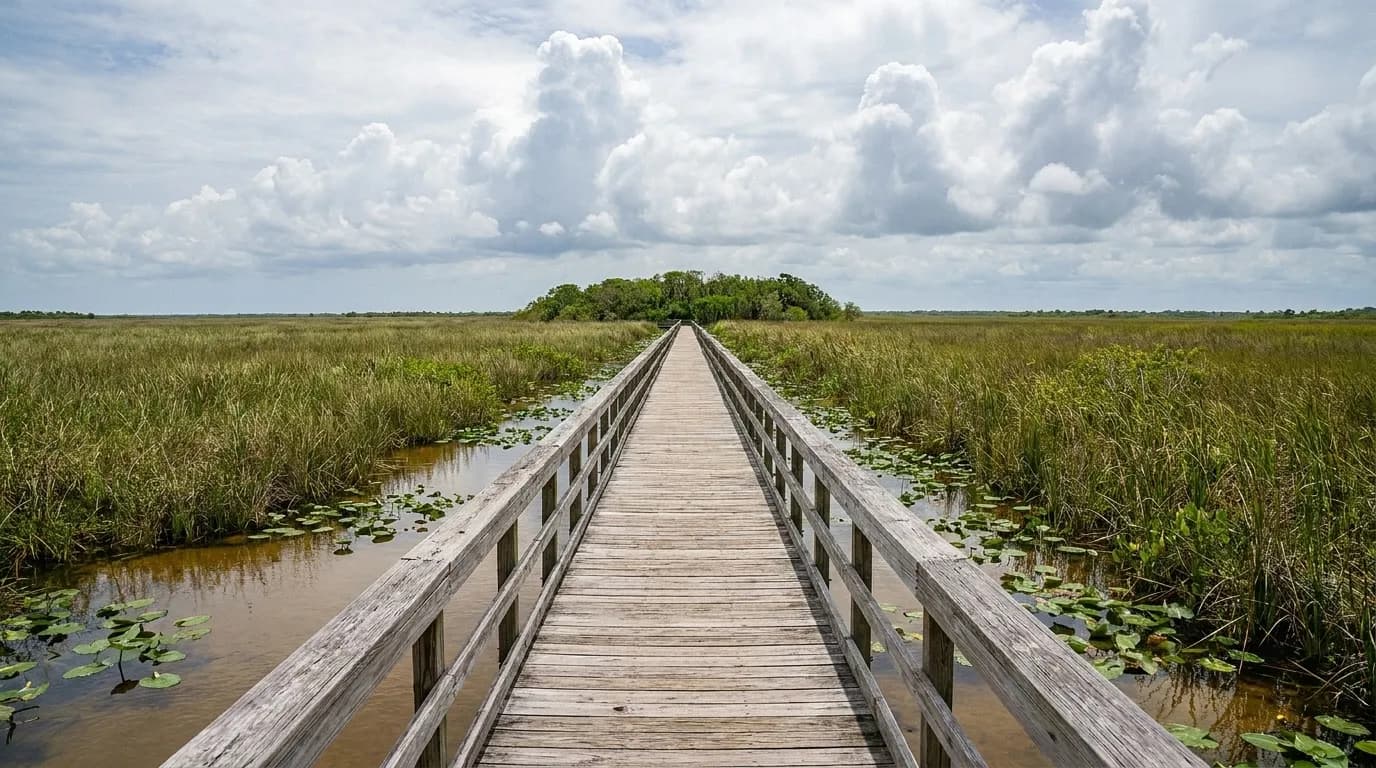 A raised boardwalk running straight into sawgrass marsh under a wide sky, still brown water either side and a distant tree island on the horizon