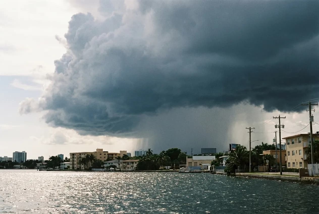 A towering bank of dark cloud building over a low tropical skyline, sunlit water in the foreground and a sharp line where the rain begins
