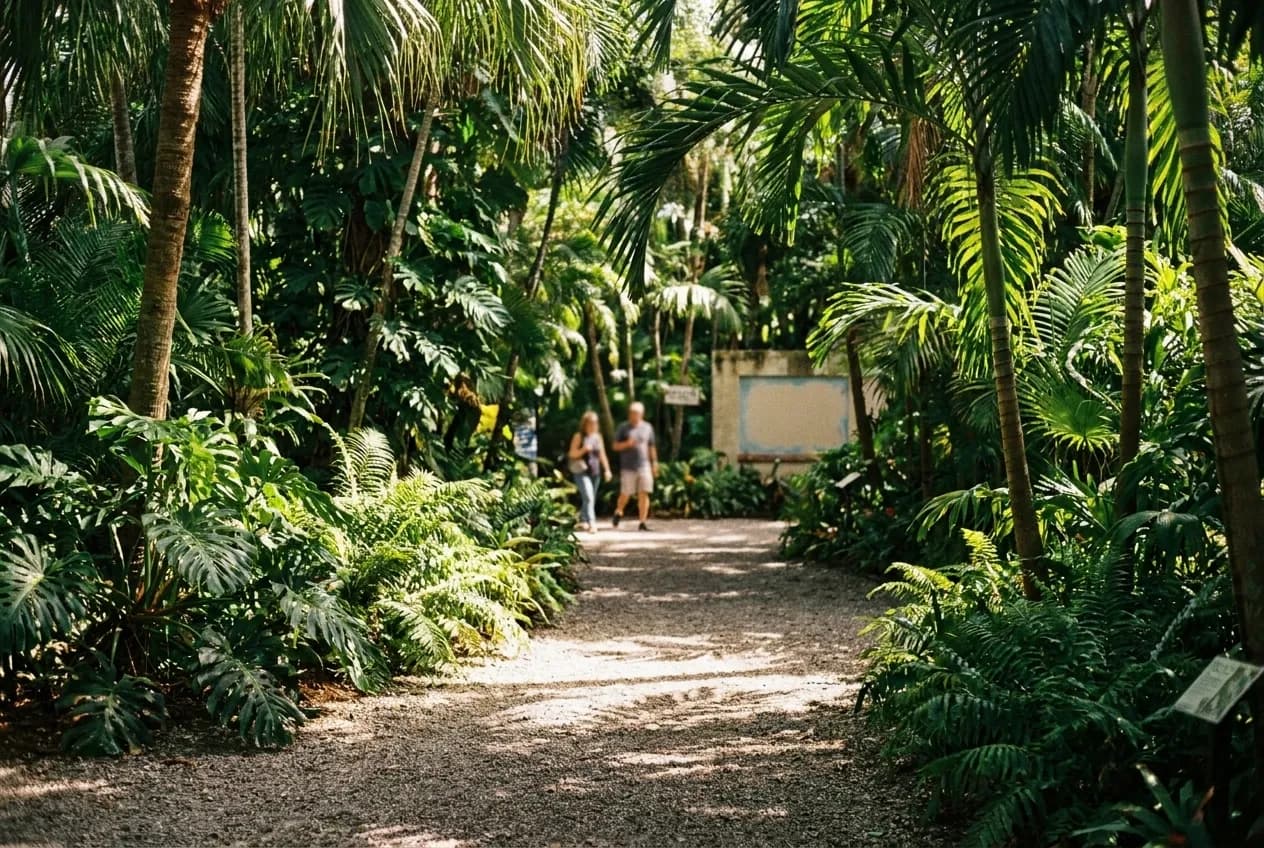 A shaded gravel path running between dense palms and broadleaf planting, hard tropical sunlight breaking through the canopy in patches