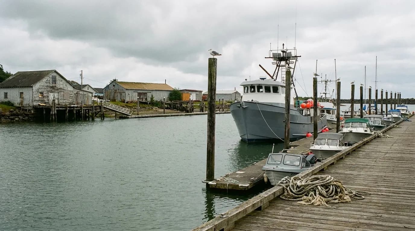 A row of moored fishing and pleasure boats along a wooden dock on a calm inlet, low clapboard buildings behind and gulls on the pilings