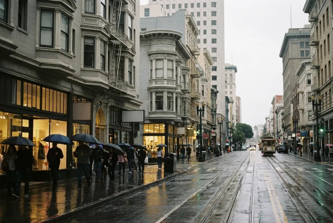 A wet city street under low grey cloud, pavement reflecting shopfront light and a scatter of dark umbrellas moving along the kerb